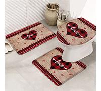 Juego de alfombras de baño de 3 piezas, alfombrilla de baño con texto en inglés "Happy Valentine's Day", a cuadros rojos retro, diseño de corazón de amor, tabla de madera retro, ultrasuave, antidesl