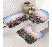 Juego de alfombras de baño de 3 piezas, alfombrilla de baño, edificio de la ciudad, torre roja de París, puesta de sol, cielo, paisaje, alfombrilla de contorno ultrasuave y tapa para bañera, ducha y
