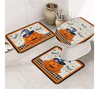 Juego de alfombras de baño de 3 Piezas Alfombrilla de baño Feliz Halloween Linda mueca Calabaza Sombrero de Bruja Murciélago Tablero de Madera A Cuadros Dot Boo Alfombrilla de Contorno Ultra Suave y