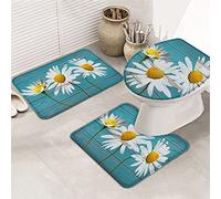 Juego de alfombras de baño de 3 piezas Alfombrilla de baño Flor de margarita fresca Azul Tablero de madera antiguo vintage Alfombrilla de contorno ultra suave y cubierta de tapa para bañera Ducha y