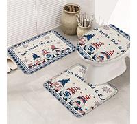 Juego de alfombras de baño de 3 piezas Alfombrilla de baño God Bless The USA 4 de julio Patriotic Gnome Free Bule Plaid Stars Alfombrilla de contorno ultra suave y cubierta de tapa para bañera, duch