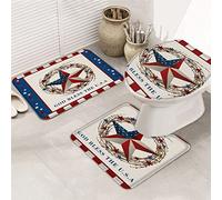 Juego de alfombras de baño de 3 piezas Alfombrilla de baño God Bless The USA Patriotic Memorial Day Pentagram Farm Stripe and Star Alfombrilla de contorno ultra suave y cubierta de tapa para bañera,
