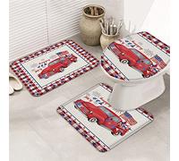 Juego de alfombras de baño de 3 piezas Alfombrilla de baño Happy 4th of July Memorial Day Bandera de EE. UU. Retro Truck Pentagram Check Alfombrilla de contorno ultra suave y cubierta de tapa para b