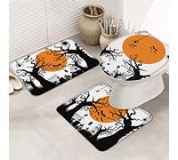 Juego de alfombras de baño de 3 piezas Alfombrilla de baño Happy Halloween Grave Spooky Old Tree Vine Spider Web Moon Silhouettes Alfombrilla de contorno ultra suave y cubierta de tapa para bañera,