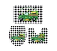 Juego de alfombras de baño de 3 Piezas Alfombrilla de baño Happy St. Patrick's Day Truck Lucky Clover Moneda de Oro Blanco y Negro A Cuadros Suave Antideslizante Alfombra Alfombrilla de Cont