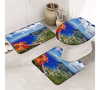 Juego de alfombras de baño de 3 piezas Alfombrilla de baño Italia Ocean Coastal Seaside Scene Capri Island Blue Sky Clouds Alfombrilla de contorno ultra suave y cubierta de tapa para bañera, ducha y