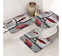 Juego de alfombras de baño de 3 piezas, alfombrilla de baño negra con diseño de torre Eiffel de París, paraguas rojo, paisaje arquitectónico de la ciudad, alfombrilla de contorno ultrasuave y tapa p