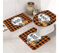 Juego de alfombras de baño de 3 piezas, alfombrilla de baño, sombrero de bruja de Halloween, calabaza, horror, tumba, árbol, vid, naranja, tartán, ultrasuave, alfombrilla de contorno y tapa para bañ