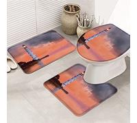 Juego de alfombras de baño de 3 piezas Alfombrilla de baño Summer Ocean Lighthouse Dreamy Pink Sunset Sundown Evening Nubes oscuras Alfombrilla de contorno ultra suave y cubierta de tapa para bañera