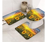 Juego de alfombras de baño de 3 piezas Alfombrilla de baño Sundown Sunset Yellow Sunflower Garden Dreamy Sky Clouds Scenery Alfombrilla de contorno ultra suave y cubierta de tapa para bañera, ducha