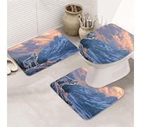 Juego de alfombras de baño de 3 piezas con estampado de lobo solitario en las montañas nevadas, alfombrilla de baño + alfombrilla de contorno + funda de asiento de inodoro, lavable a máquina