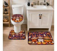 Juego de alfombras de baño de 3 piezas, diseño de calabazas de temporada, fantasmas, Halloween, violeta, de secado rápido, absorbente, para decoración de bañera, ducha