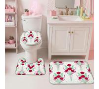 Juego de alfombras de baño de 3 piezas, diseño floral de hojas alegres con cintas, color rojo primaveral, para dormitorio universitario, esenciales, para decoración de tocador de tocador