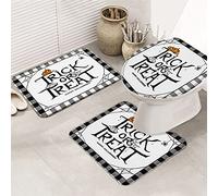 Juego de alfombras de baño de 3 piezas Juego de alfombrillas de baño Trick or Treat Halloween Scary Spider Web Mueca Calabaza Cuadros negros Ultra suave Alfombrilla de contorno y tapa para bañera Du