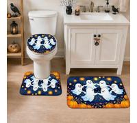 Juego de alfombras de baño de fantasmas de 3 piezas, faroles de calabazas festivas de Halloween, color azul, de secado rápido, absorbentes, para decoración de baño, ducha, suelo
