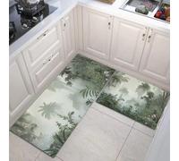 Juego de alfombras de Cocina 40x60+40x120cm, 2 Piezas Antideslizantes Alfombrillas de Cocina y Alfombrillas de Corredor de Plantas Tropicales Escena de la Jungla,para Pasillo Entrada lavandería Verde