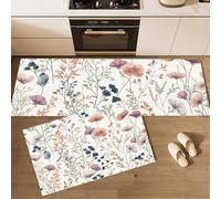 Juego de alfombras de Cocina 40x60+40x120cm, 2 Piezas Antideslizantes Alfombrillas de Cocina y Alfombrillas de Corredor de Ilustraciones de Estilo Pastoral Flores Silvestres en Acuarela Morado Claro