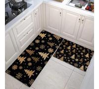 Juego de Alfombras de Cocina 40x60cm+40x120cm, Juego de Alfombrilla Árbol De Navidad Copos De Nieve de pie Antideslizantes y Antifatiga de 2 Piezas, para Hogar de Oficina, Festival Tema Oro negro