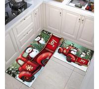 Juego de Alfombras de Cocina 40x60cm+40x120cm, Juego de Alfombrilla Camiones Muñecos De Nieve de pie Antideslizantes y Antifatiga de 2 Piezas, para Hogar de Oficina, Navidad Tema Rojo Verde