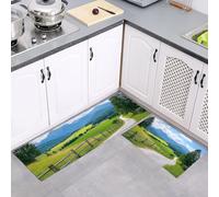 Juego de Alfombras de Cocina 40x60cm+40x120cm, Juego de Alfombrilla Colinas Pastos de pie Antideslizantes y Antifatiga de 2 Piezas, para Hogar de la Oficina, Paisajes Caminos Azul-Verde