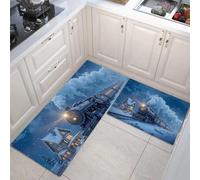 Juego de Alfombras de Cocina 40x60cm+40x120cm, Juego de Alfombrilla Tren De Vapor de pie Antideslizantes y Antifatiga de 2 Piezas, para Hogar de Oficina, Navidad País De Las Maravillas Azul oscuro