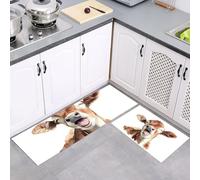 Juego de Alfombras de Cocina 40x60cm+40x120cm, Juego de Alfombrilla Vaca Bostezando de pie Antideslizantes y Antifatiga de 2 Piezas, para Hogar de la Oficina, Linda Acuarela Marrón Blanco