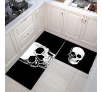Juego de alfombras de Cocina 50x80+50x150cm, 2 Piezas Antideslizantes Alfombrillas de Cocina y Alfombrillas de Corredor de Arte Lineal cráneo Humano,Blanco