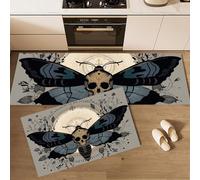 Juego de alfombras de Cocina 50x80+50x150cm, 2 Piezas Antideslizantes Alfombrillas de Cocina y Alfombrillas de Corredor de Estilo Retro Polilla del cráneo,Azul Oscuro