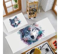 Juego de Alfombras de Cocina Acuarela Animales Salvajes, Gris Alfombrillas de Cocina Lobo Gris Salpicaduras De Tinta Antideslizantes Antifatiga de 2 Piezas, para Pasillo Salón 50x80cm+50x180cm
