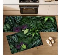 Juego de Alfombras de Cocina Antideslizantes Alocasia Hojas Palma Tapetes de Cocina Plantas Verdes Tropicales Felpudos Duraderas Lavable a Máquina para Cocina, lavandería, Fregadero, 40x60cm+40x120cm