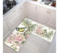 Juego de Alfombras de Cocina Antideslizantes, Tapetes de Cocina Acuarela Fresco Alfombras de Corredor Ilustraciones Flores Y Pájaros para Pasillo, Comedor y Entrada, 40x60cm+40x120cm, Verde Claro