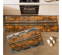 Juego de Alfombras de Cocina Antideslizantes, Tapetes de Cocina El Sena Atardecer Alfombra de Piso Arquitectura Retro Europea Resistente al Aceite para Comedor, Fregadero, Lavadero, 40x60cm+40x120cm