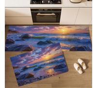 Juego de Alfombras de Cocina Antideslizantes, Tapetes de Cocina Playa De Guijarros Alfombra de Piso Atardecer En La Playa Resistente al Aceite para Comedor, Fregadero, Lavadero, 40x60cm+40x120cm