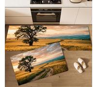 Juego de Alfombras de Cocina Antideslizantes, Tapetes de Cocina Roble Campo Trigo Alfombra de Piso Atardecer En El Campo Resistente al Aceite para Comedor, Fregadero, Lavadero, 40x60cm+40x120cm