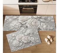 Juego de Alfombras de Cocina Antideslizantes, Tapetes de Cocina Rosas, Hortensias Alfombra de Piso Flores En Relieve Yeso Resistente al Aceite para Comedor, Fregadero, Lavadero, 40x60cm+40x120cm