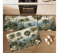 Juego de Alfombras de Cocina Antideslizantes, Tapetes de Cocina Selva Tropical Retro Alfombras de Corredor Palmeras Flores Paraíso para Pasillo, Comedor y Entrada, 50x80cm+50x150cm, Verde Esmeralda