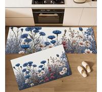 Juego de Alfombras de Cocina Azul 2 Piezas, Alfombra de Cocina Flores Silvestres Margaritas Resistente al Aceite, Representación Realista De Plantas Flores Alfombras 43x75cm+43x150cm