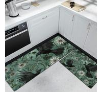 Juego de Alfombras de Cocina con Cuervos Margaritas Enredaderas Tapetes de Cocina de Impresionismo Antideslizantes Lavables 43x75cm+43x150 cm, Alfombra de Piso para Pasillo Lavandería, Negro
