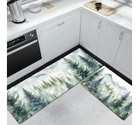 Juego de Alfombras de Cocina con Montañas y bosques Niebla Tapetes de Cocina de Paisaje Forestal Antideslizantes Lavables 40x60cm+40x120 cm, Alfombra de Piso para Pasillo Lavandería, Verde