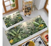 Juego de Alfombras de Cocina con Pájaros Bananos Tapetes de Cocina de Jungla Tropical Antideslizantes Lavables 40x60cm+40x120 cm, Alfombra de Piso para Pasillo Lavandería, Azul-Verde
