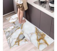 Juego de Alfombras de Cocina con Patrón De Mármol Tapetes de Cocina de Textura De Lujo Antideslizantes Lavables 40x60cm+40x120 cm, Alfombra de Piso para Pasillo Lavandería, Oro Blanco