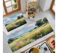 Juego de Alfombras de Cocina con Pradera De Flores Silvestres Tapetes de Cocina de Estilo Campestre Antideslizantes Lavables 60x90cm+60x180 cm, Alfombra de Piso para Pasillo Lavandería, Verde