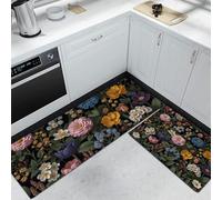 Juego de Alfombras de Cocina con Tulipanes Margaritas Tapetes de Cocina de Flores clásicas Antideslizantes Lavables 50x80cm+50x150 cm, Alfombra de Piso para Pasillo Lavandería, Verde Bosque