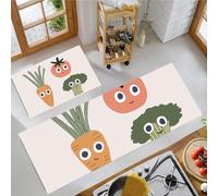 Juego de Alfombras de Cocina con Zanahorias Tomates Brócoli, Tapetes de Estilo Dibujos Animados Antideslizantes Lavables 40x60cm+40x120 cm, Alfombra de Piso para Pasillo Lavandería, Beige Claro
