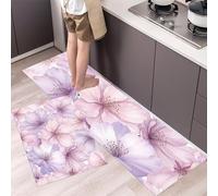 Juego de Alfombras de Cocina de 2 Piezas, 40x60cm+40x120cm Alfombra Pasillo Larga Acuarela Alfombra de Piso Flores Cerezo Tapete de Cocina Antideslizantes para Pasillo, Comedor y Entrada, Morado Claro