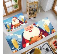 Juego de Alfombras de Cocina de 2 Piezas, Dibujo Animado Pollo Asado De Papá Noel Tapetes de Cocina Antideslizantes Lavables 43x75cm+43x150cm, Alfombra de Piso para Pasillo Lavandería, Azul cielo