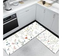 Juego de alfombras de Cocina de 2 Piezas Estilo Dibujado a Mano tapetes de Cocina Flores Silvestres Antideslizantes y Lavables Alfombra de Piso Verde Claro para Pasillo lavandería, 40x60cm+40x120 cm