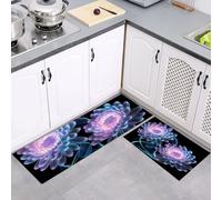Juego de Alfombras de Cocina de 2 Piezas, Flores De Fantasía Crisantemo Brillante Tapetes de Cocina Antideslizantes Lavables 43x75cm+43x150cm, Alfombra de Piso para Pasillo Lavandería, Negro púrpura