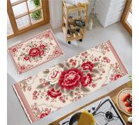 Juego De Alfombras De Cocina De 2 Piezas,Flores Rojas Y Patrones De Hojas Alfombras Y Tapetes Cocina Antideslizantes Y Lavables 44×70Cm+44×120Cm Alfombra De Piso Para Pasillo Entrada Lavandería,Rojo