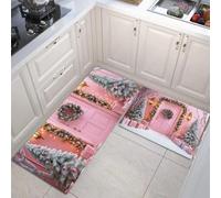 Juego de Alfombras de Cocina de 2 Piezas, Invierno País De Las Maravillas Rosa Puerta Navideña Tapetes de Cocina Antideslizantes Lavables 43x75cm+43x150cm, Alfombra de Piso para Pasillo Lavandería